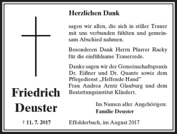 Traueranzeige von Friedrich Deuster von  Kreisanzeiger
