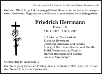 Traueranzeige von Friedrich Herrmann von  Kreisanzeiger