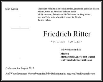 Traueranzeige von Friedrich Ritter von VRM Trauer