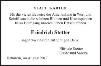 Traueranzeige von Friedrich Stetter von Trauerportal Echo Online
