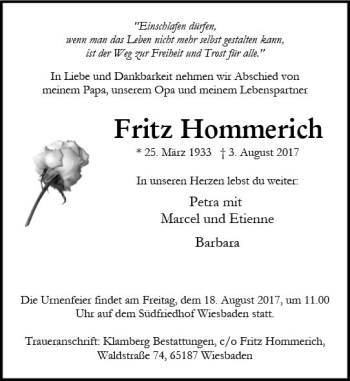 Traueranzeige von Fritz Hommerich von Trauerportal Rhein Main Presse