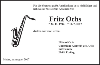 Traueranzeige von Fritz Ochs von Trauerportal Rhein Main Presse