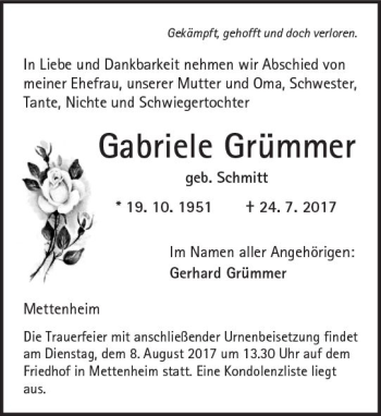Traueranzeige von Gabriele Grümmer von Trauerportal Rhein Main Presse