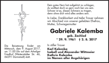 Traueranzeige von Gabriele Kalemba von Trauerportal Echo Online