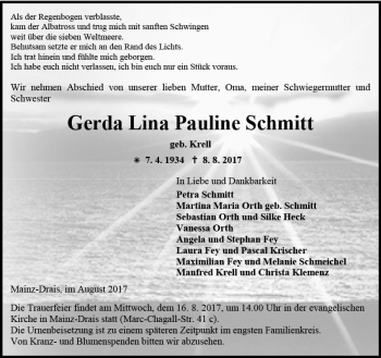 Traueranzeige von Gerda Lina Pauline Schmitt von Trauerportal Rhein Main Presse