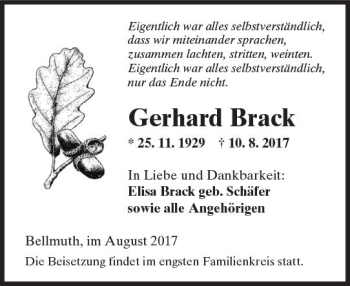 Traueranzeige von Gerhard Brack von  Kreisanzeiger