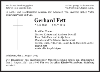 Traueranzeige von Gerhard Fett von  Gießener Anzeiger