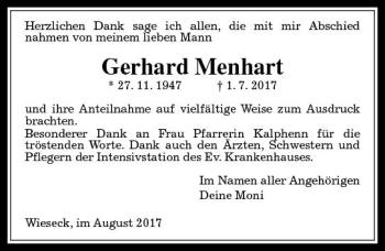 Traueranzeige von Gerhard Menhart von  Gießener Anzeiger