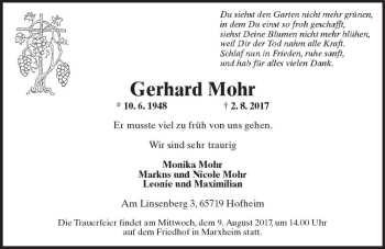Traueranzeige von Gerhard Mohr von Trauerportal Rhein Main Presse