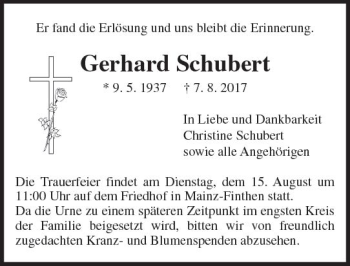 Traueranzeige von Gerhard Schubert von Trauerportal Rhein Main Presse