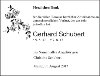 Traueranzeige von Gerhard Schubert von Trauerportal Rhein Main Presse