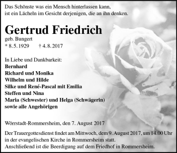 Traueranzeige von Gertrud Friedrich von Trauerportal Rhein Main Presse
