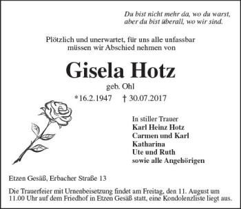 Traueranzeige von Gisela Hotz von Trauerportal Echo Online