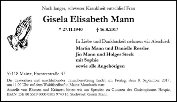Traueranzeige von Gisela Mann von Trauerportal Rhein Main Presse