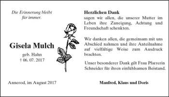 Traueranzeige von Gisela Mulch von  Gießener Anzeiger