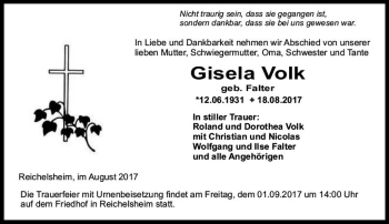 Traueranzeige von Gisela Volk von Trauerportal Echo Online