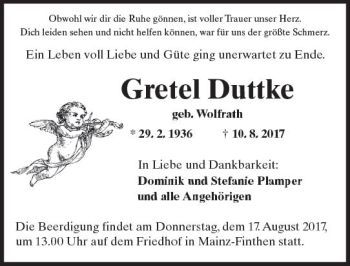 Traueranzeige von Gretel Duttke von Trauerportal Rhein Main Presse