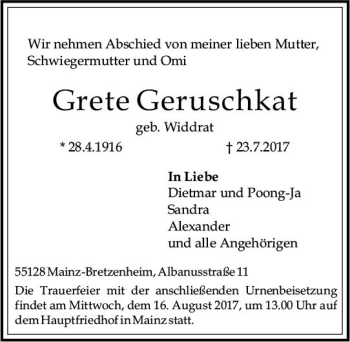 Traueranzeige von Gretel Geruschkat von Trauerportal Rhein Main Presse