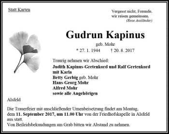 Traueranzeige von Gudrun Kapinus von VRM Trauer