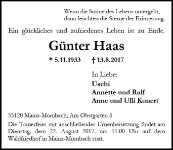Traueranzeige von Günter Haas von Trauerportal Rhein Main Presse