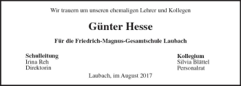 Traueranzeige von Günter Hesse von  Gießener Anzeiger