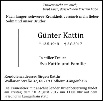 Traueranzeige von Günter Kattin von Trauerportal Rhein Main Presse