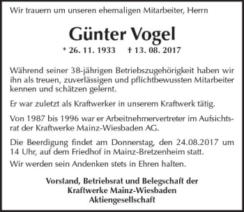 Traueranzeige von Günter Vogel von Trauerportal Rhein Main Presse