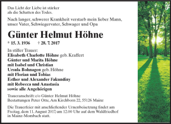 Traueranzeige von Günter Helmut Höhne von Trauerportal Rhein Main Presse