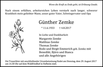 Traueranzeige von Günther Zemke von Trauerportal Rhein Main Presse
