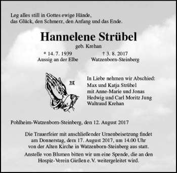 Traueranzeige von Hannelene Strübel von  Gießener Anzeiger