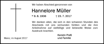 Traueranzeige von Hannelore Müller von Trauerportal Rhein Main Presse