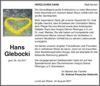 Traueranzeige von Hans Glebocki von Trauerportal Rhein Main Presse