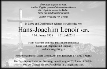 Traueranzeige von Hans-Joachim Lenoir von  Usinger Anzeiger