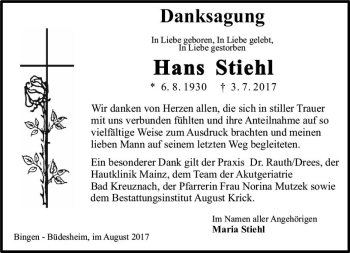 Traueranzeige von Hans Stiehl von Trauerportal Rhein Main Presse
