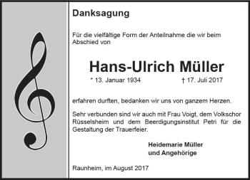 Traueranzeige von Hans-Ulrich Müller von Trauerportal Rhein Main Presse