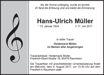 Traueranzeige von Hans-Ulrich Müller von Trauerportal Rhein Main Presse