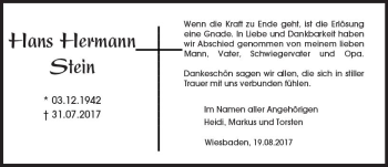 Traueranzeige von Hans Hermann Stein von Trauerportal Rhein Main Presse