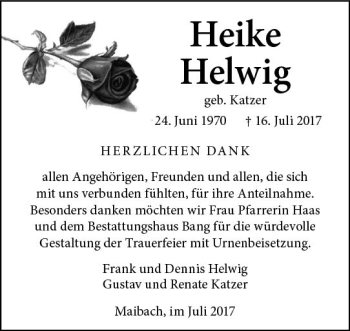 Traueranzeige von Heike Helwig von  Usinger Anzeiger