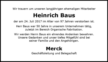 Traueranzeige von Heinrich Baus von Trauerportal Echo Online