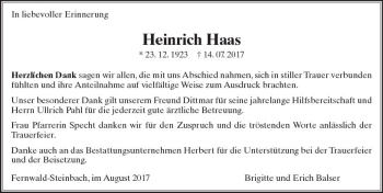Traueranzeige von Heinrich Haas von  Gießener Anzeiger