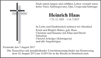 Traueranzeige von Heinrich Haas von  Gießener Anzeiger