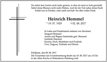 Traueranzeige von Heinrich Hommel von  Gießener Anzeiger