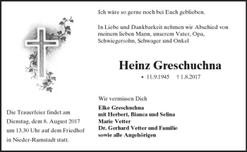 Traueranzeige von Heinz Greschuchna von Trauerportal Echo Online