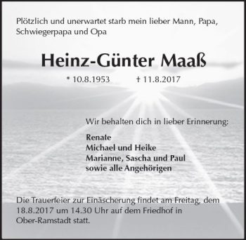 Traueranzeige von Heinz-Günter Maaß von Trauerportal Echo Online