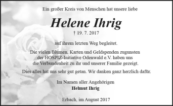 Traueranzeige von Helene Ihrig von Trauerportal Echo Online