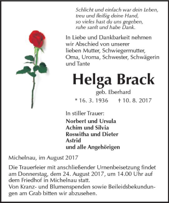 Traueranzeige von Helga Brack von  Kreisanzeiger