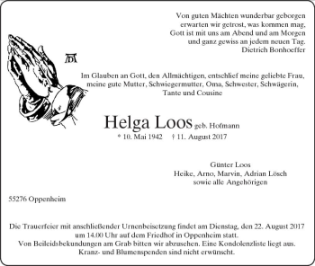 Traueranzeige von Helga Loos von Trauerportal Rhein Main Presse