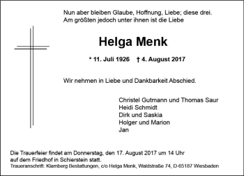 Traueranzeige von Helga Menk von Trauerportal Rhein Main Presse