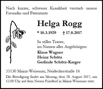 Traueranzeige von Helga Rogg von Trauerportal Rhein Main Presse