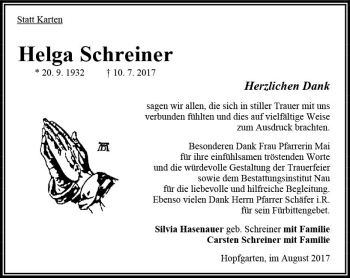 Traueranzeige von Helga Schreiner von VRM Trauer